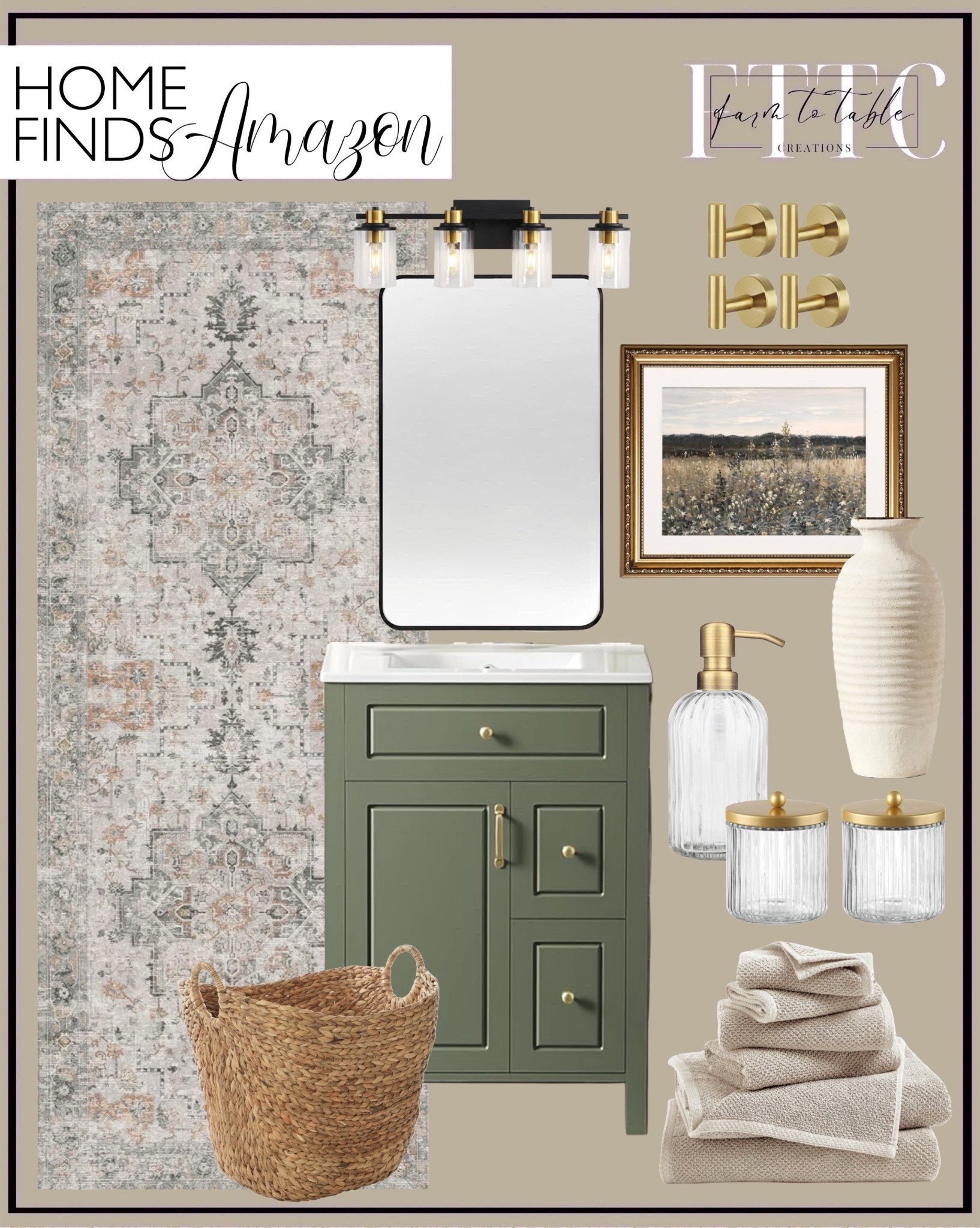 A full bathroom refresh—Amazon edition. 
Follow @farmtotablecreations on Instagram for more daily home inspiration, styling tips, and Amazon finds you’ll love.

Every piece in this design board is from Amazon—from the sage green vanity and vintage-inspired rug to the warm brass accents and cozy textures. It’s a perfect mix of Old World charm and organic modern style.

#LTKHome #AmazonFinds #BathroomRefresh #AmazonHome #HomeDecor #OrganicModern #NeutralHome #LTKSale #ClassicWithaTwist


#LTKSaleAlert #LTKHome