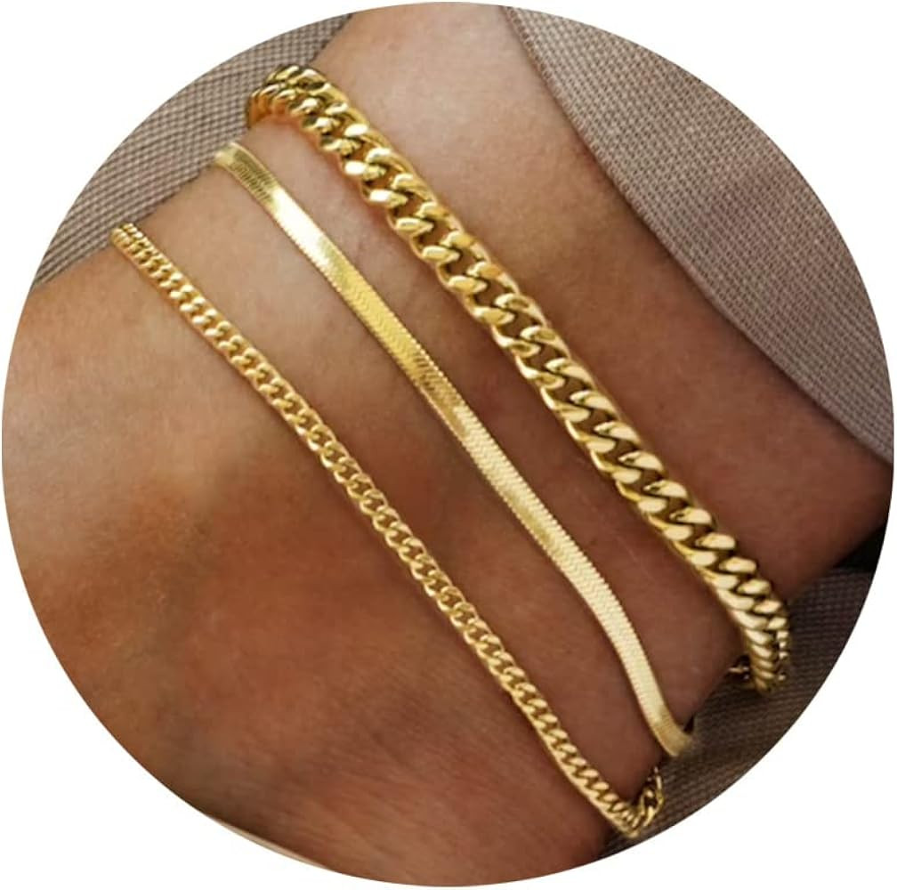 Gold Silver Ankle Bracelets for Women, 14K Gold Anklets for Women Waterproof Cuban Figaro Link Go... | Amazon (US)