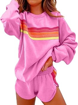 Lounge Sets for Women 2 Piece Rainbow Striped Outfits Casual Sweatshirt Skirt Set Long Sleeve Mat... | Amazon (US)
