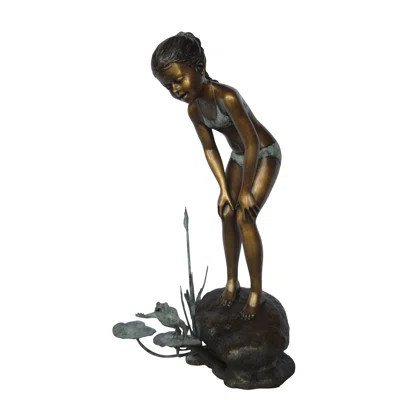 Copper and Metal Girl Looking at Frog Jumping Fountain | Wayfair North America