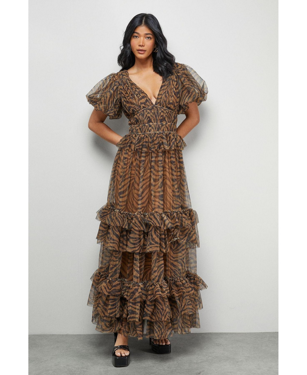 Warehouse Women's Zebra Print Tulle Ruffle Maxi Dress - Animal | Macy's