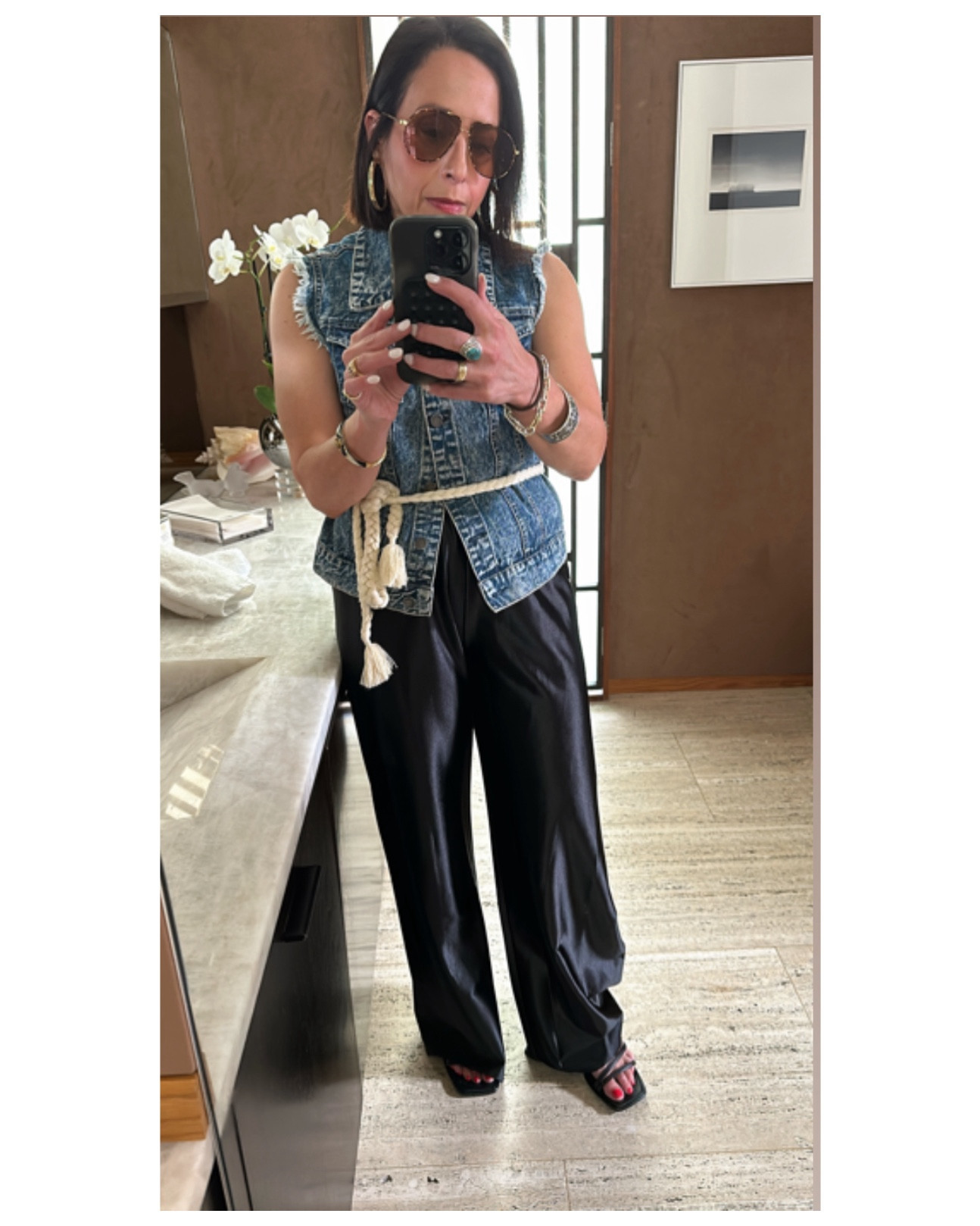 Outfit planning and uniform dressing: one of my go-to evening dinner looks of wide leg pants, vest and fun accesssories! 

#LTKover40 #LTKSeasonal #LTKfindsunder100