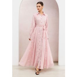 Sequin Floral Embroidery Chiffon Panel Buttoned Maxi Dress in Pink for Weddings & Evening Events | Chicwish