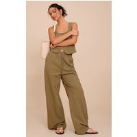 Khaki Tailored Linen Look Draw String Wide Leg Pants | PrettyLittleThing US