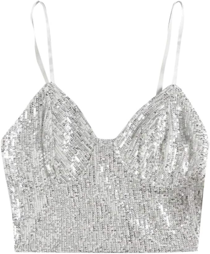 Womens Cami Top Sequin Glitter Swing Spaghetti Strap Tank Top Sparkle Zipper Back Summer V Neck P... | Amazon (US)