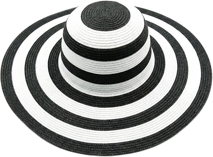 Women's Beachwear Sun Hat Black and White Striped Straw Hat Floppy Beach Hat Foldable Wide Brim C... | Amazon (US)