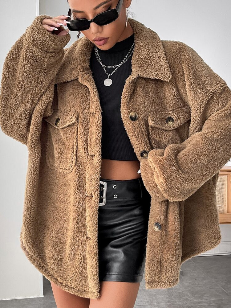 SHEIN EZwear Flap Pocket Drop Shoulder Teddy Coat | SHEIN