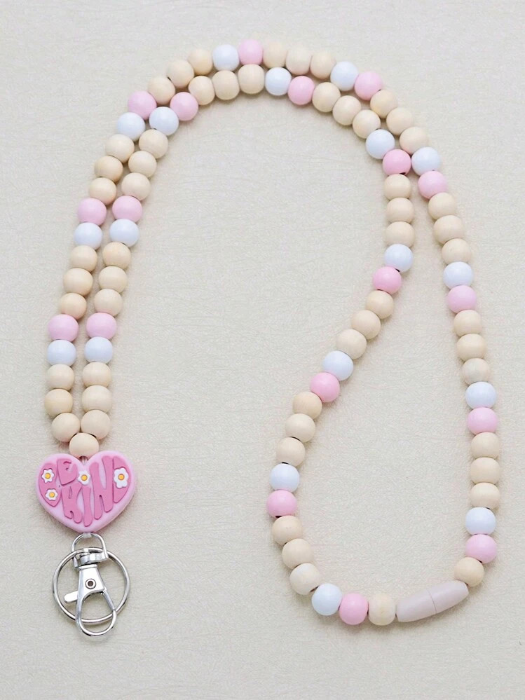 Neck Breakaway Teacher Lanyard For ID Badge Holder,With Keyring,Cute Pink Heart Wooden Beads Necklace Lanyard For Keys,Keychain,Great Gift For Women,Teacher,Office Worker,Doctor,Nurses | SHEIN