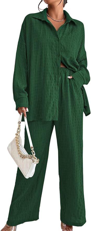 ELGOGY Pants Sets Women 2 Piece Outfits Casual Long Sleeve Button Down Loungewear Pajama Sets | Amazon (US)