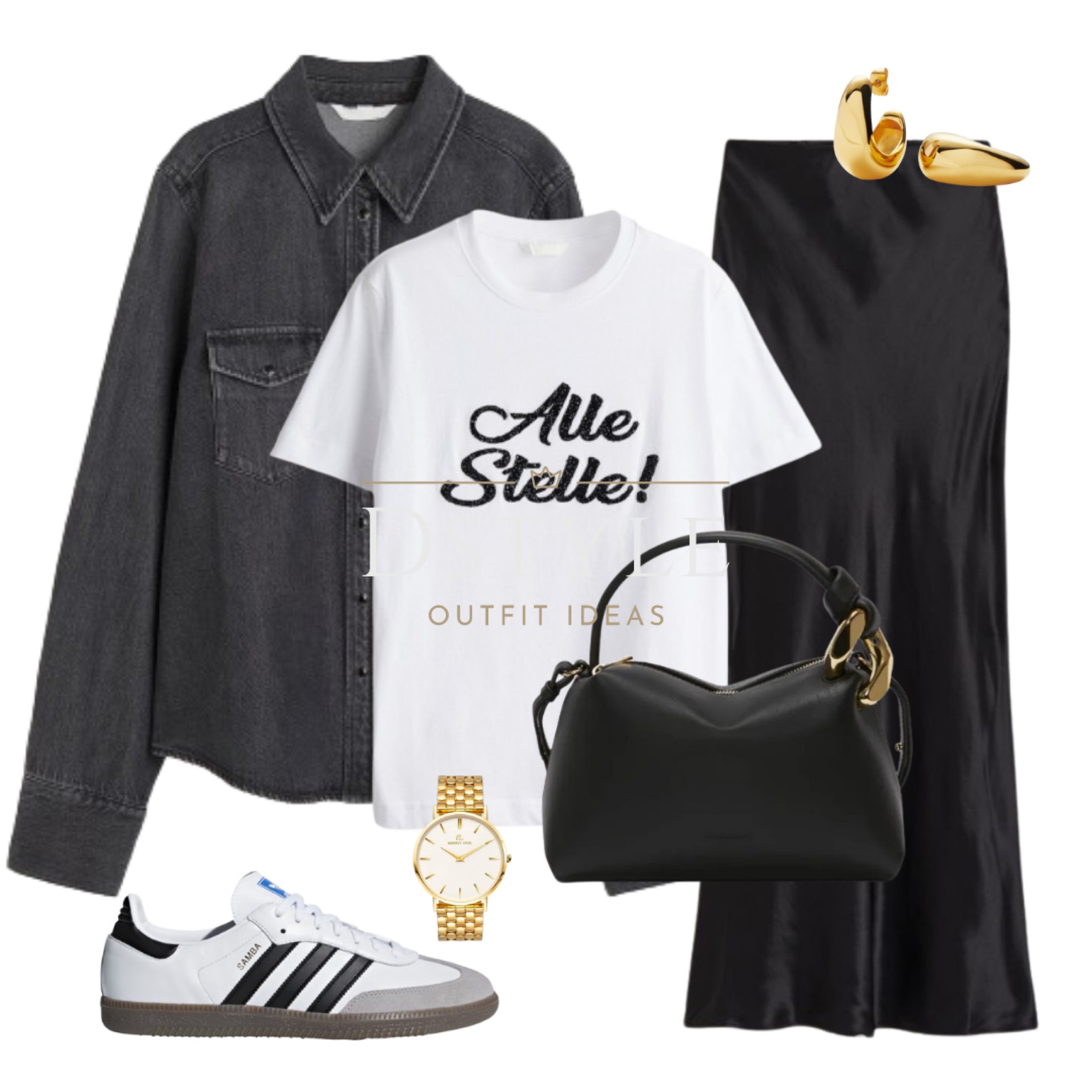 Dark grey denim shirt, white print-motif t-shirt, black satin skirt, Adidas Samba, comfy yet stylish look, ootd, spring style, outfit details

#LTKshoecrush #LTKworkwear #LTKstyletip