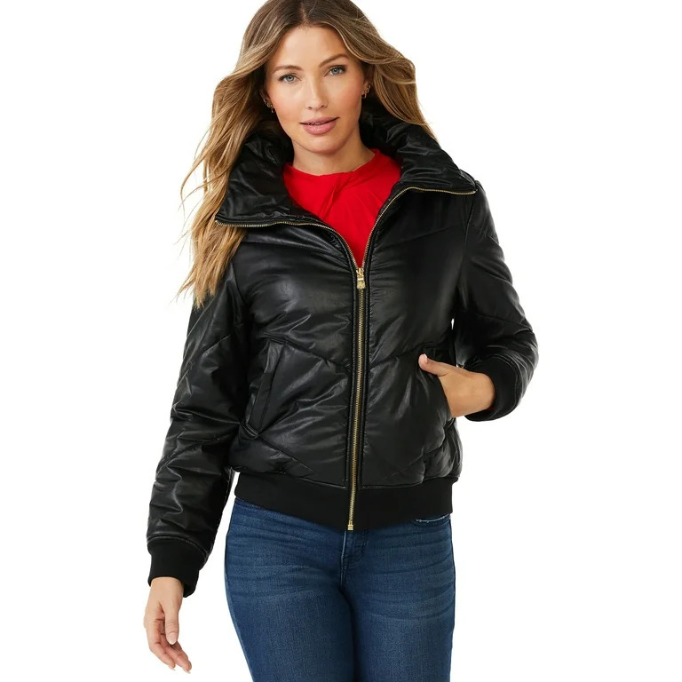 Sofia Jeans by Sofia Vergara Women's Faux Leather Chevron Puffer Jacket | Walmart (US)