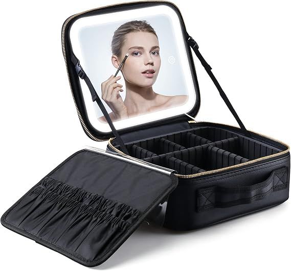 Travel Makeup Bag with Light Up Mirror, Large Makeup Train Case with Adjustable Dividers, Makeup ... | Amazon (US)