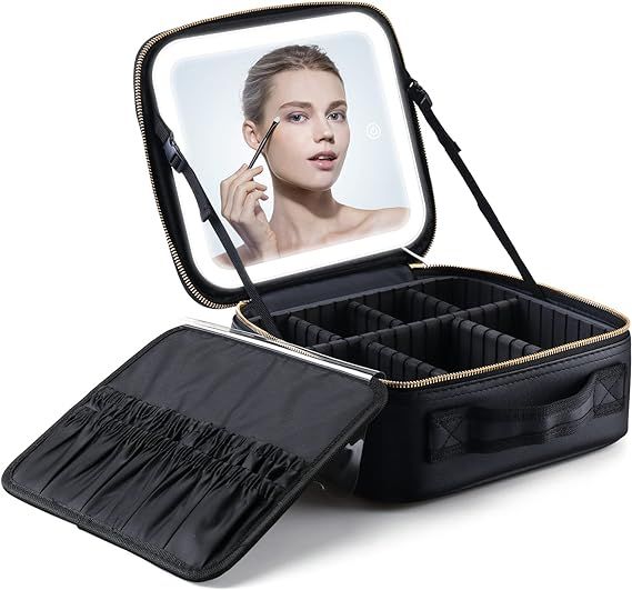 Travel Makeup Bag with Light Up Mirror, Large Makeup Train Case with Adjustable Dividers, Makeup ... | Amazon (US)