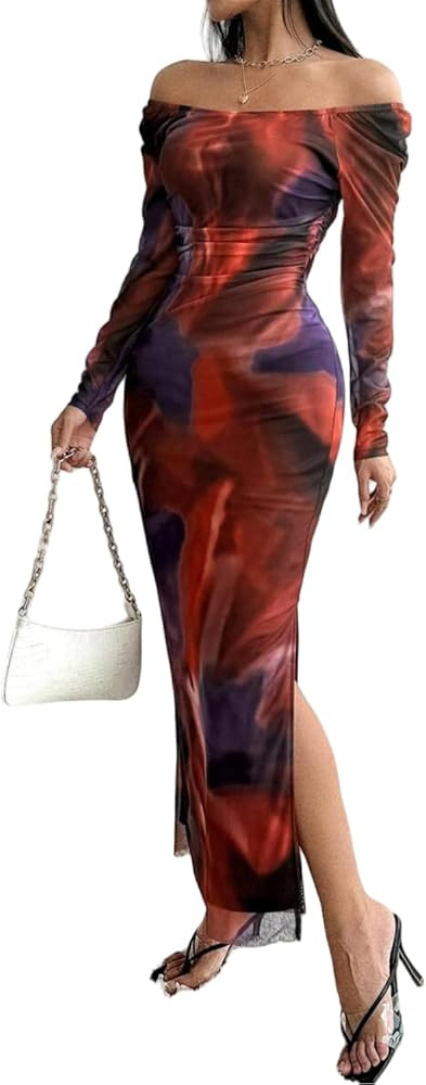 Women's Printed Off Shoulder Dress Long Sleeve Bodycon Maxi Dress Mesh Layered Side Slit | Amazon (US)