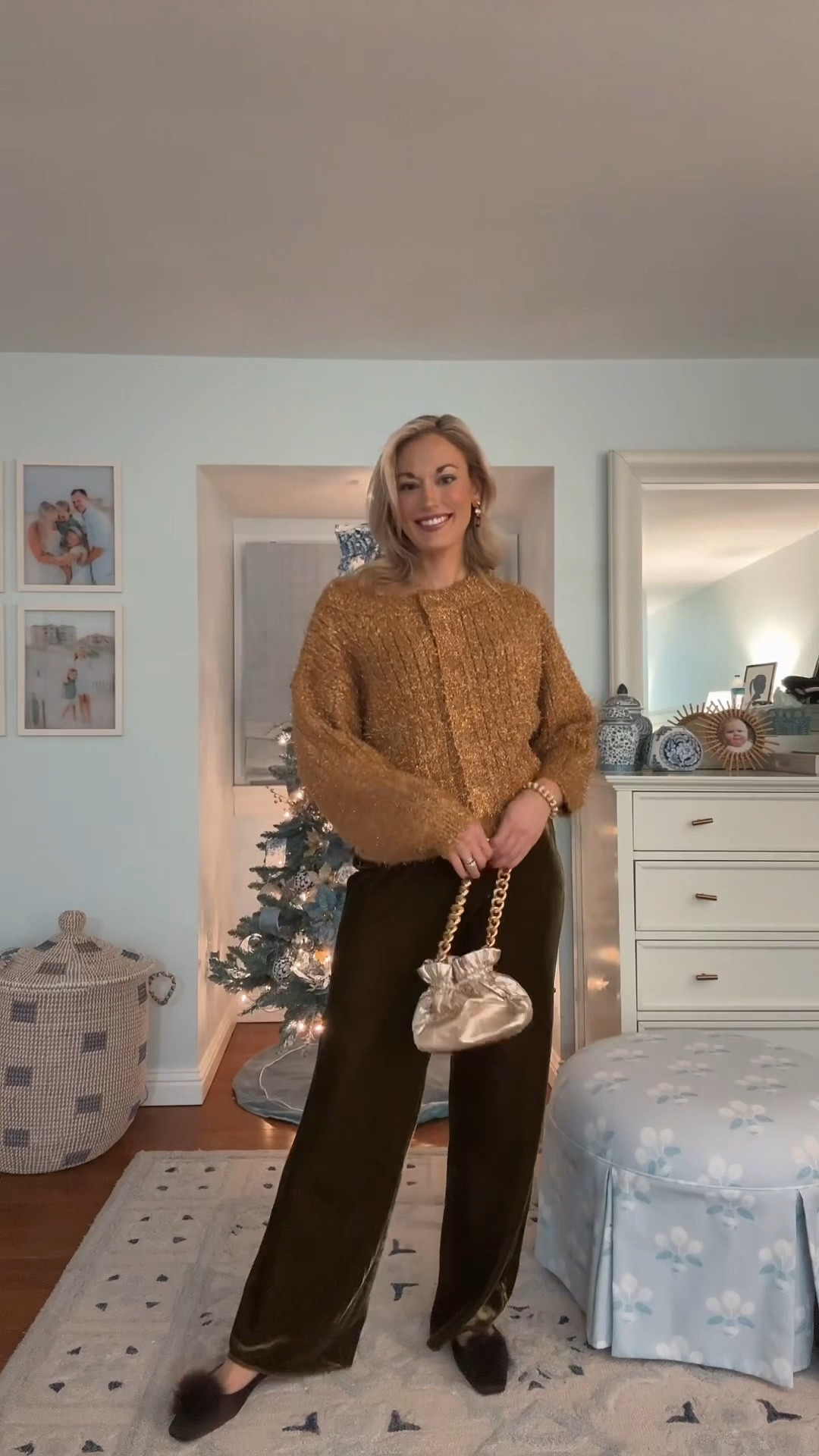Tinsel cardigan paired with velvet pull on wide leg pants 

#LTKSaleAlert #LTKFindsUnder100 #LTKSeasonal