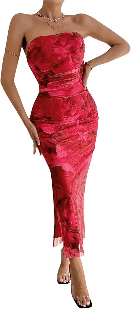 GORGLITTER Women's Mesh Floral Strapless Bodycon Maxi Dress Ruched Tube Long Dresses with Slit | Amazon (US)