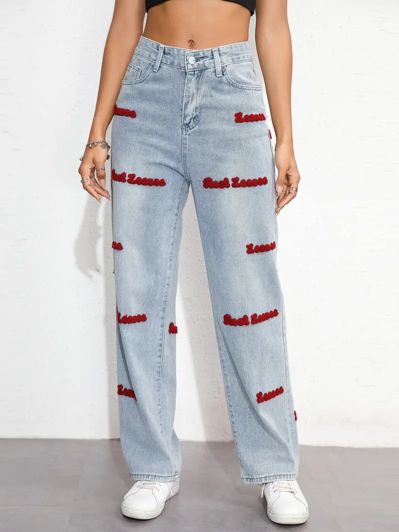 Red Letter Graphic Light Washed Blue Straight Denim Pants - Temu | Temu Affiliate Program