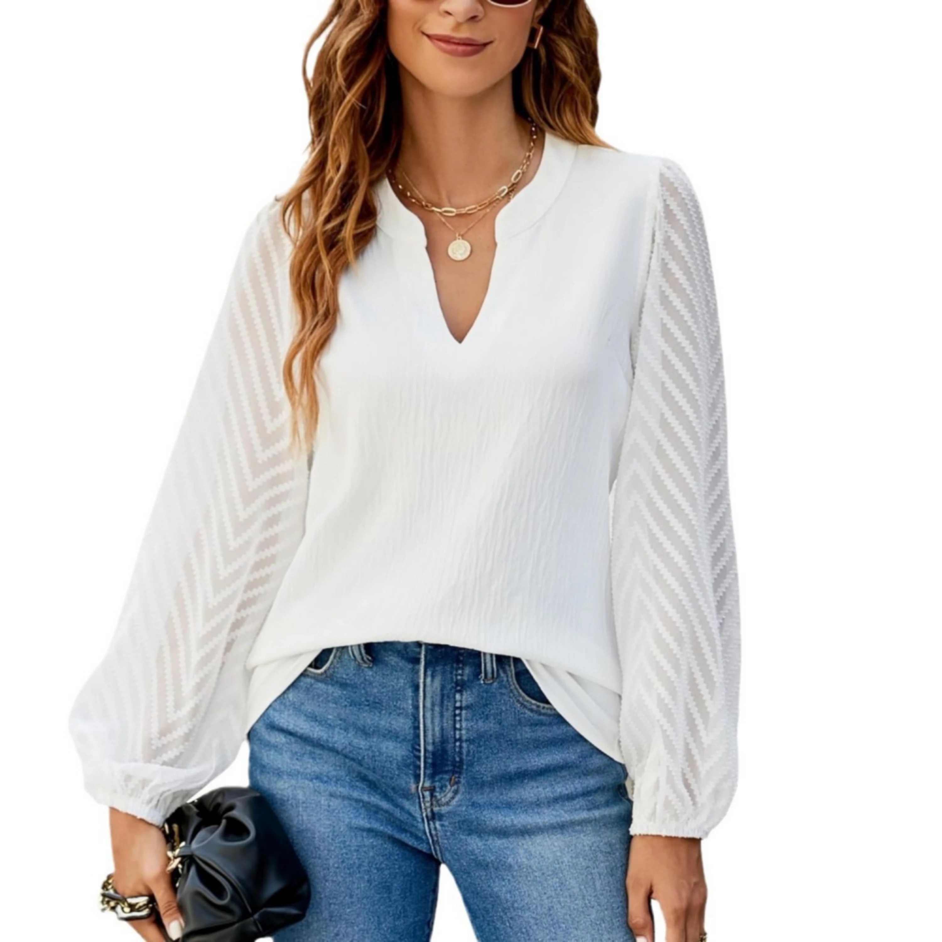 Women Casual Tops Sheer Lace Long Sleeve Blouses Work Office Pleated V Neck Shirt Formal Outfits | Kohl's