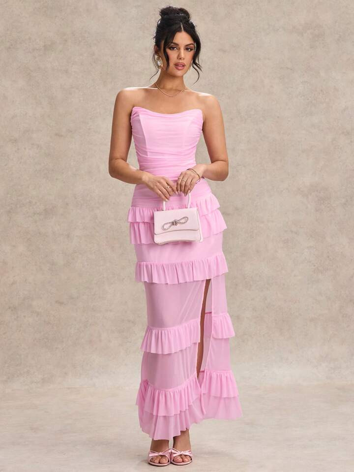 SHEIN BAE Women's Spring Garden Party Sweet Floral Decor U-Neck Ruffle Hem High Slit Sexy Slip Dress, Elegant For Romantic Date, Girlfriend Gathering, Early Spring Outing, Party Event | SHEIN