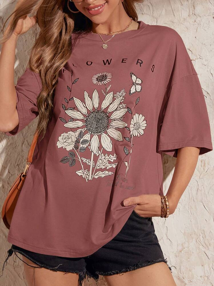 SHEIN LUNE Floral & Slogan Graphic Drop Shoulder Oversized Tee FLOWERS Towards The Sun | SHEIN