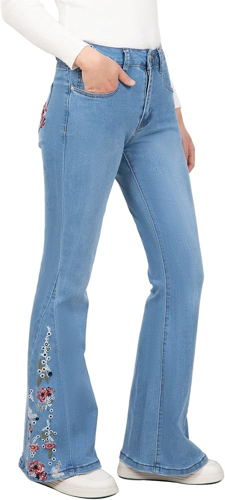 Women's Embroidered Bell Bottom Jeans Stretch Flared Fit Wide Leg Denim Pants | Amazon (US)