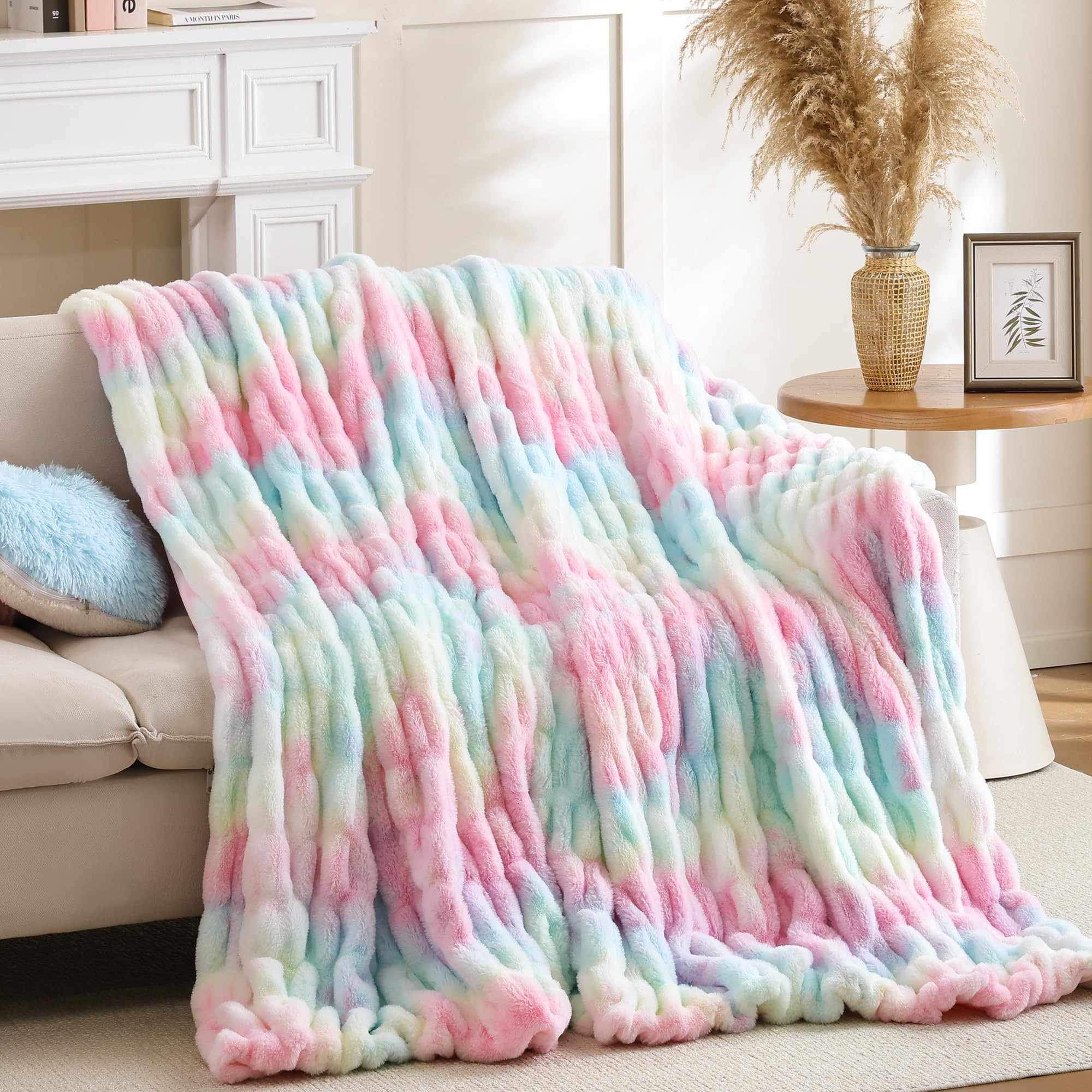 Smoofy Rainbow Throw Blanket for Couch – Ultra Soft Cozy Plush Fluffy Blanket with Faux Rabbit ... | Amazon (US)