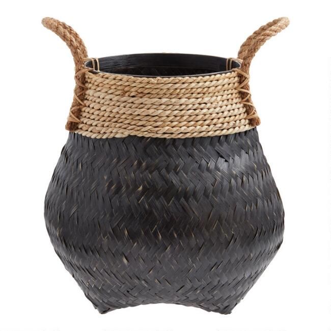 Round Black and Natural Bamboo Hadley Tote Basket | World Market