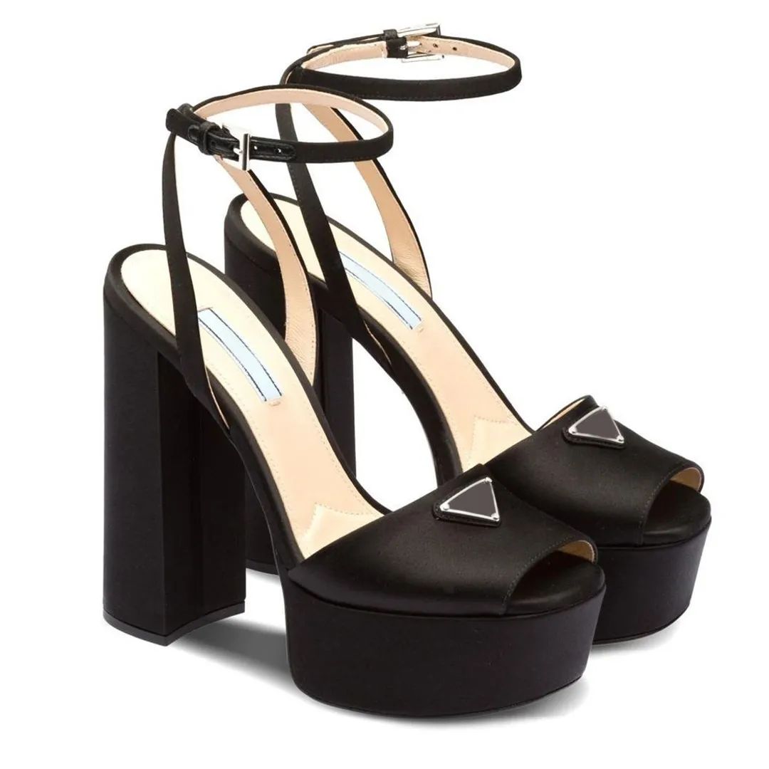 Designers Sandals Fashion shoes heels Satin Triangular buckle decoration chunky heel 13cm high he... | DHGate