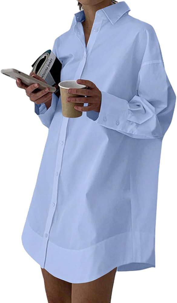 LYANER Women's Casual Shirt Dress Collar V Neck Button Down Loose Long Sleeve Mini Dresses | Amazon (US)