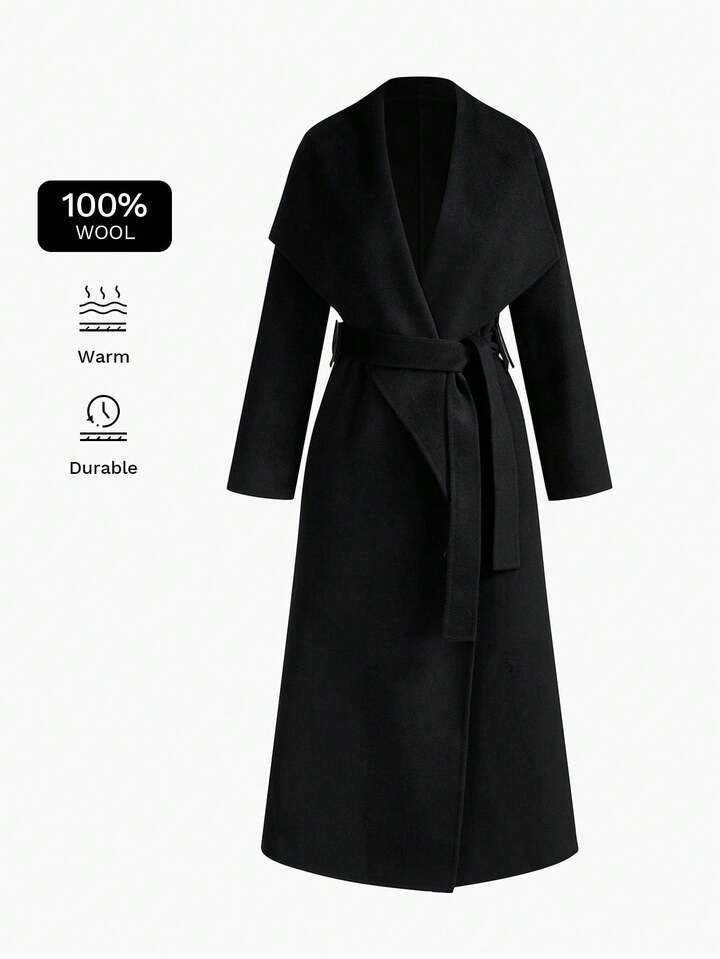 MOTF PREMIUM 100% PURE WOOL SOLID WATERFALL COLLAR BELTED OVERCOAT | SHEIN
