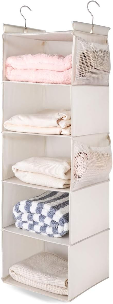 MAX Houser 5 Shelf Hanging Closet Organizer, Space Saver, Cloth Hanging Shelves with 4 Side Pocke... | Amazon (US)