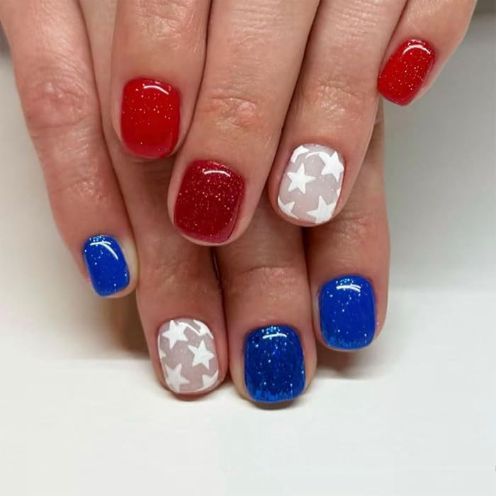 4th of July Press on Nails Short Square Fake Nails Red Blue White False Nail Full Cover Stars Glu... | Amazon (US)