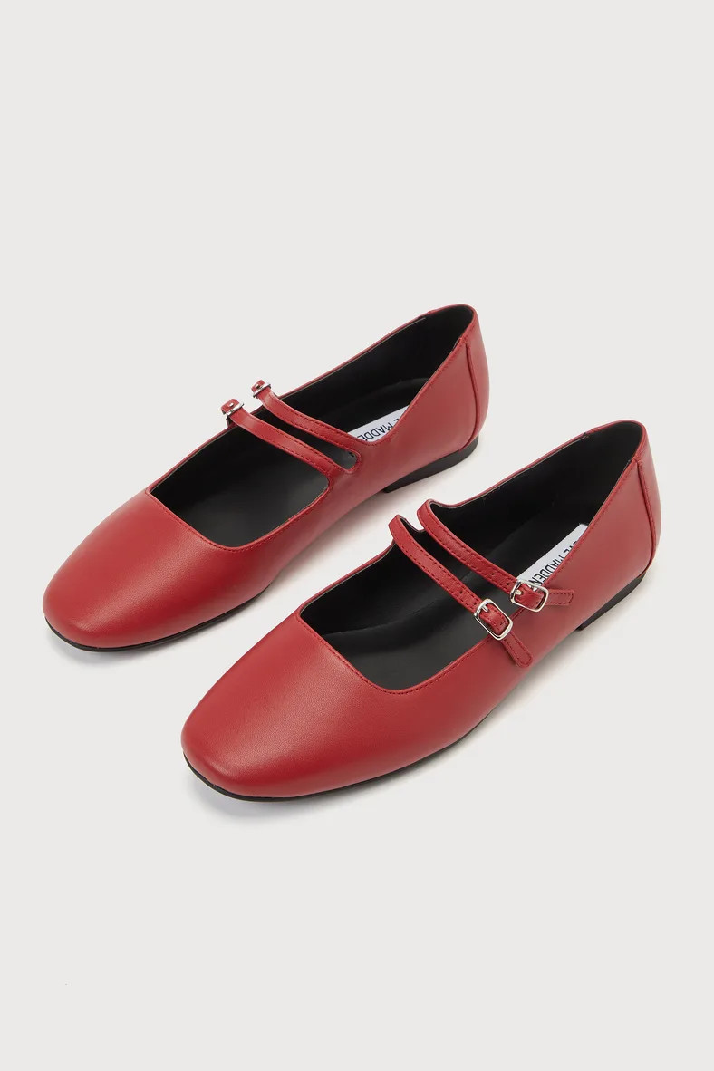 Alisah Red Leather Square-Toe Buckle Ballet Flats | Lulus