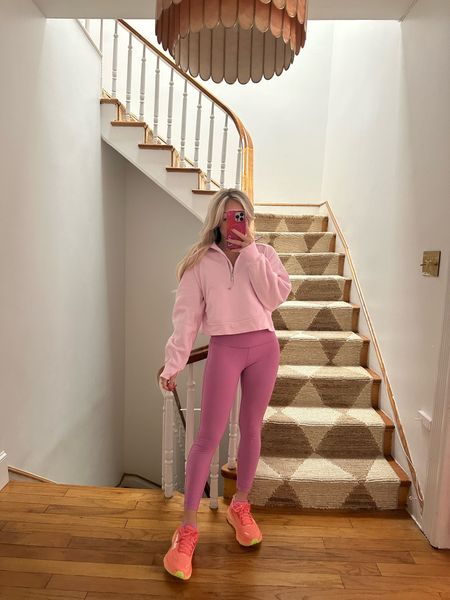 Lululemon pink workout outfit dahlia mauve wunder under 25” leggings scuba funnel neck half zip Hoka bondi sneakers
Wearing size 6 in leggings they run small wearing xs in zip up runs oversized 

#LTKfitness #LTKfindsunder100