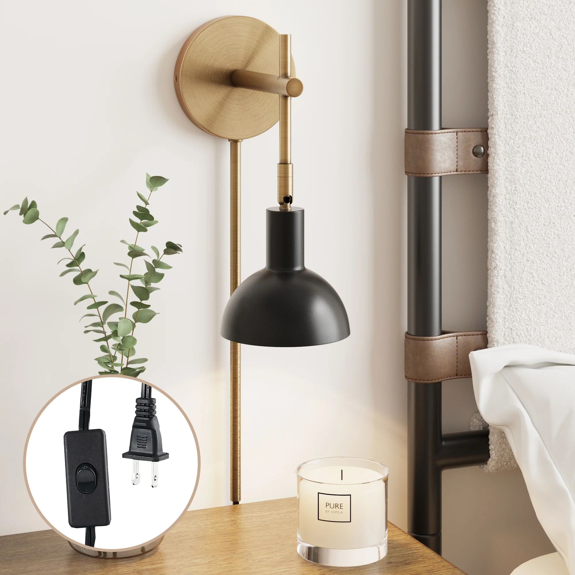 Plug-In Adjustable Metal Wall Light Black Brass | Nathan James