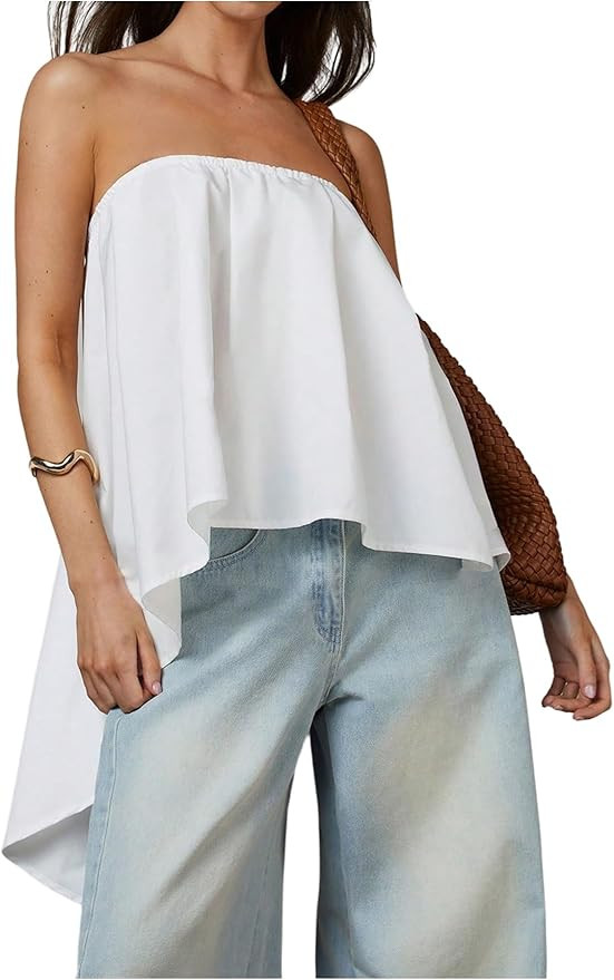 SweatyRocks Women's Asymmetrical High Low Tube Tops Open Back Strapless Flowy Bandeau Blouses | Amazon (US)
