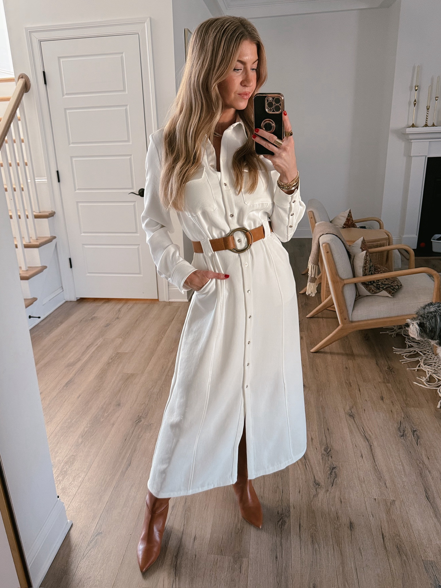 White shirt dress with gold buttons: runs slightly large, wearing a S
Tall kitten heel cognac boots: runs TTS
Cognac adjustable leather ADA belt
Classic tan trench: runs TTS 

#LTKBeauty #LTKSeasonal #LTKStyleTip