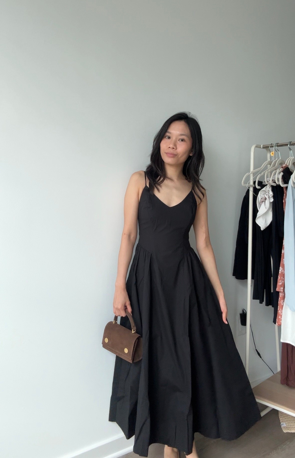 aritzia black technique poplin dress in size 00 paired with rsvp paris munchkin bag in chocolate suede 

#LTKItBag #LTKWorkwear #LTKTravel