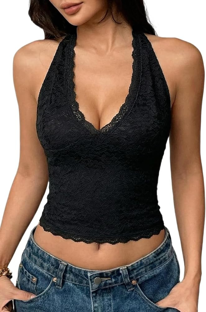QINSEN Women's V Neck Lace Halter Top Low Back Sleeveless Double Lined Tank Top Summer Fitted Y2K... | Amazon (US)