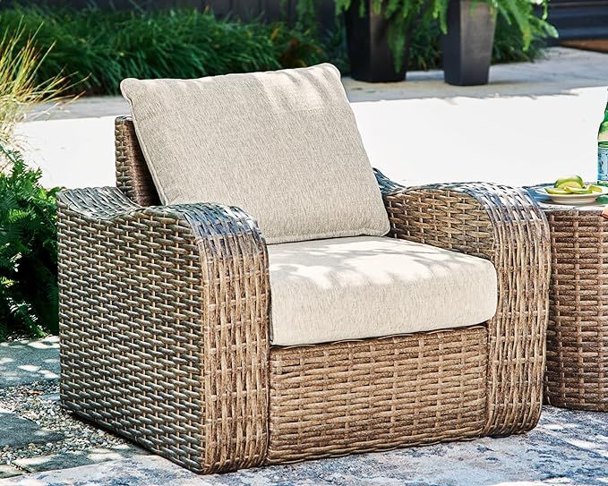 Signature Design by Ashley Sandy Bloom Casual Outdoor Resin Wicker Lounge Chair with Cushion, Lig... | Amazon (US)