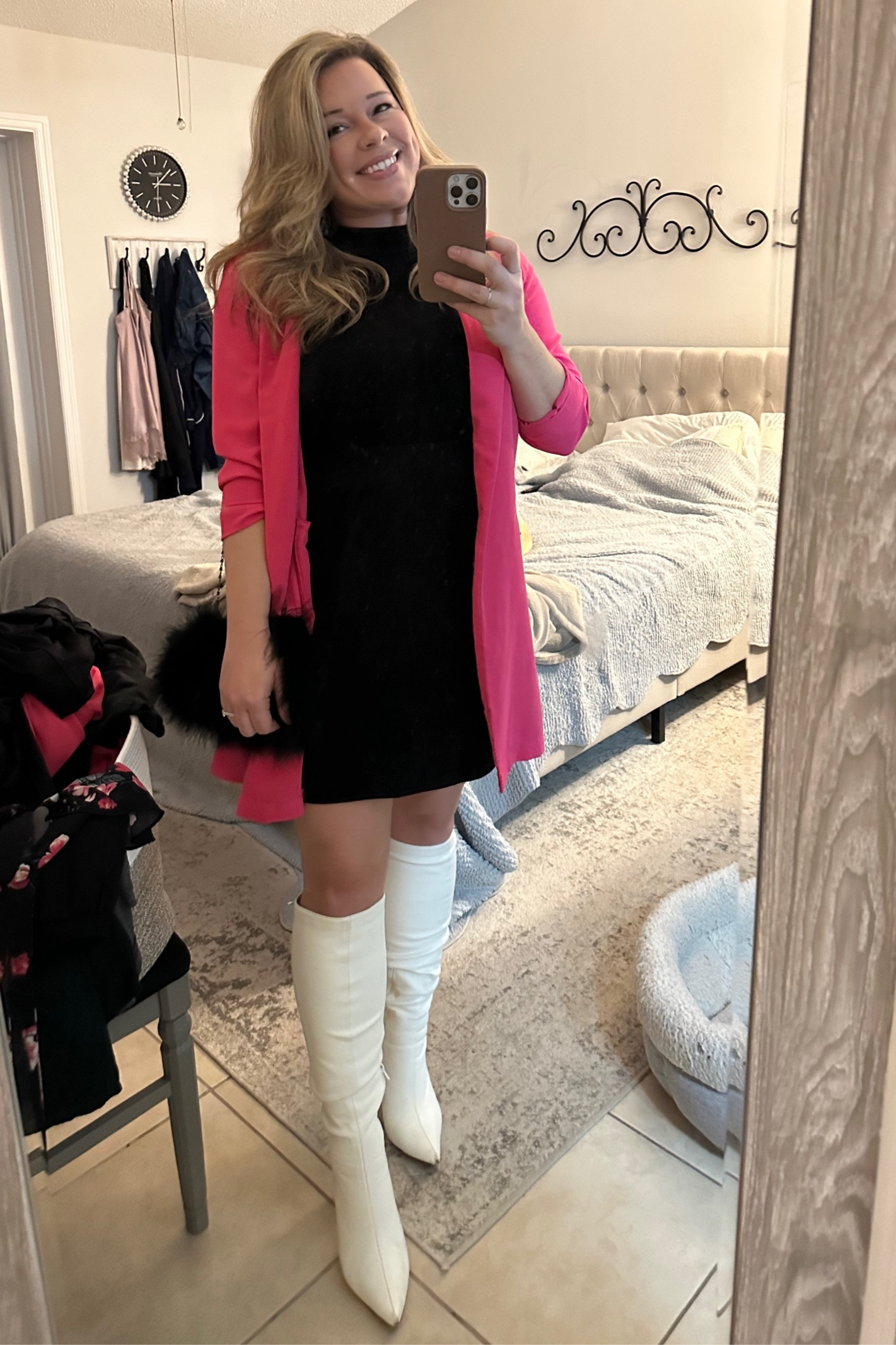 Valentines-Galentines feels! Fuzzy feather purse, white boots, pink blazer and a simple black dress.
#valentinesday

#LTKstyletip 

#LTKSeasonal