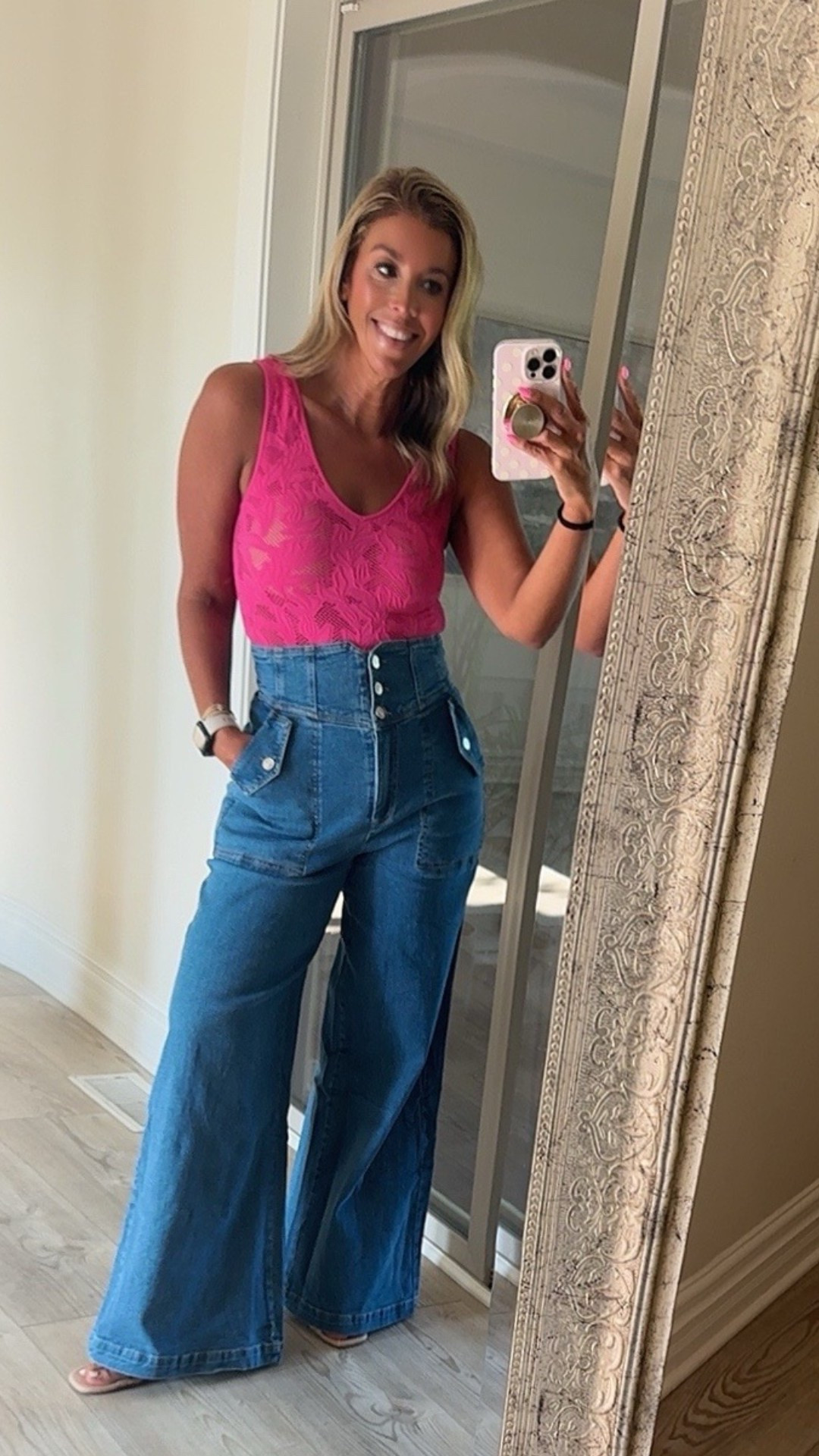 💗 Denim + a pop of pink 💗 These high-waisted wide-leg jeans are SO flattering, and I love them paired with this pretty lace bodysuit! Such a fun outfit for a night out, dinner, or girls’ night. ✨

Everything linked on my LTK! 🛍️
#LTKStyle #LTKFashion #DenimStyle #WideLegJeans #BodysuitStyle #OOTD

#LTKgrwm #LTKdayinmylife #LTKootd