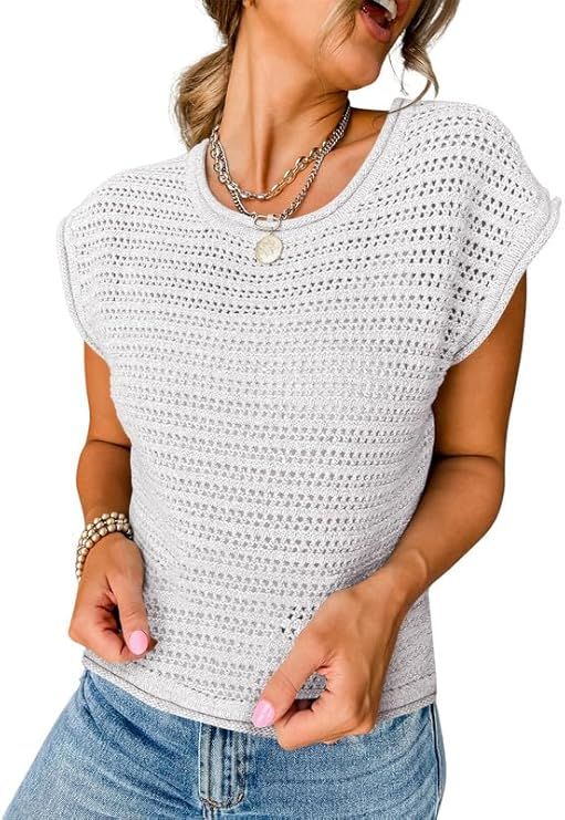 SHEWIN Women's Cap Sleeve Summer Tops 2024 Casual Crewneck Lightweight Knit Crochet Sweater Pullo... | Amazon (US)