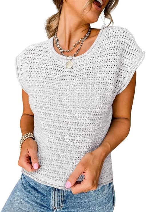 SHEWIN Women's Cap Sleeve Summer Tops 2024 Casual Crewneck Lightweight Knit Crochet Sweater Pullo... | Amazon (US)