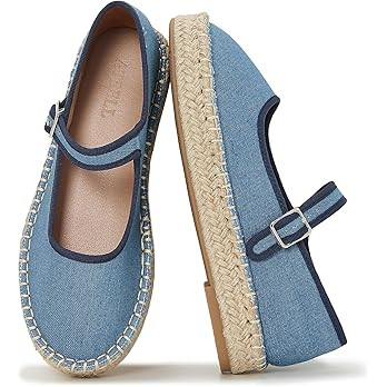 Canvas Mary Jane Shoes for Women Cozy Closed Toe Espadrille Flats with Adjustable Strap Cute Dail... | Amazon (US)