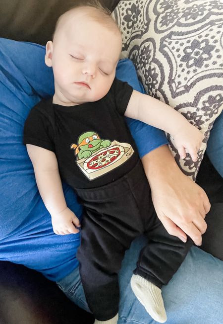Baby boy ninja turtle pizza onesie, black sweatpants 🐢🍕