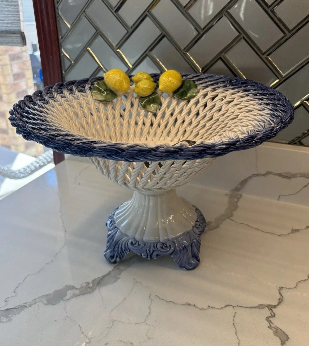 Lanzarin ceramiche pedestal Basket Blue White Lemon handmade made in Italy  | eBay | eBay US