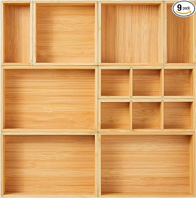 Fabsome Drawer Organizer, Set of 9 Bamboo Wood Kitchen Makeup Desk Junk Tea Drawer Storage Boxes ... | Amazon (US)