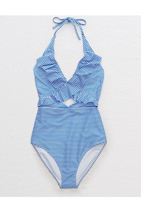 Aerie Ruffle One Piece Swimsuit Women's Blue Vibe L Long | American Eagle Outfitters (US & CA)