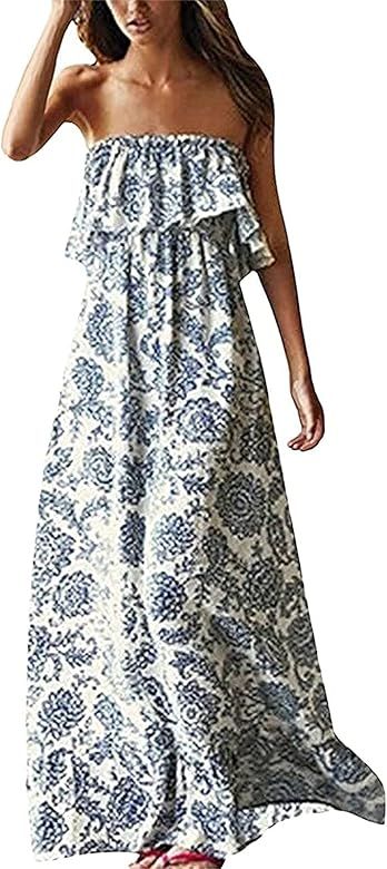 KMBANGI Women's Summer Bohemian Strapless Long Maxi Dress Ruffle Floral Print Beach Party Sundres... | Amazon (US)